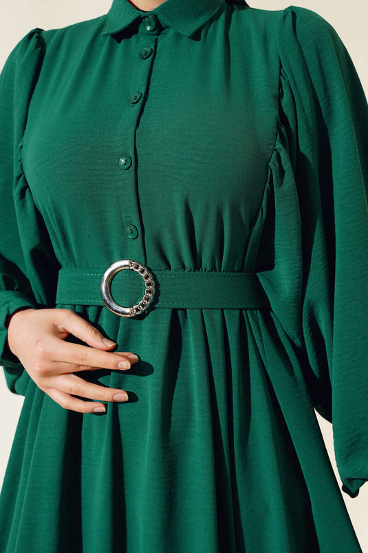 Robe à manches bouffantes et col chemise émeraude