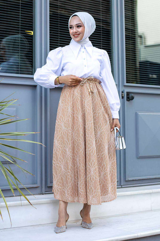 Balloon Sleeve Hijab Two-Piece Set Beige - Gifted Straw Belt