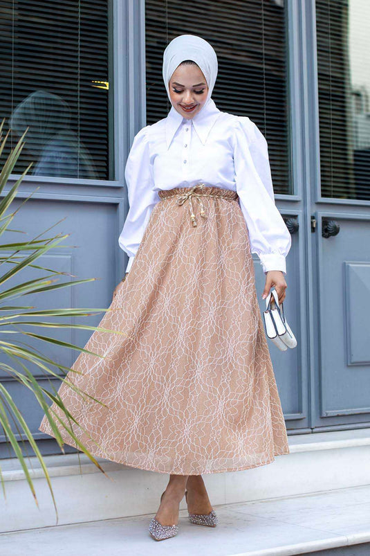 Balloon Sleeve Hijab Two-Piece Set Beige - Gifted Straw Belt