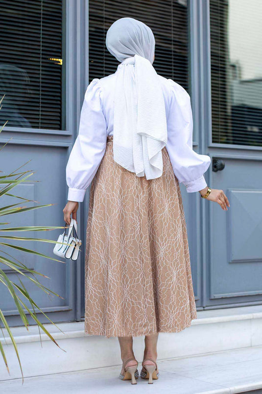 Balloon Sleeve Hijab Two-Piece Set Beige - Gifted Straw Belt