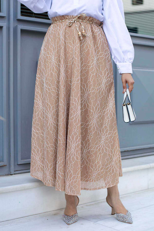 Balloon Sleeve Hijab Two-Piece Set Beige - Gifted Straw Belt