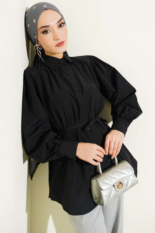 Balloon Sleeve Tunic with String Detail Black