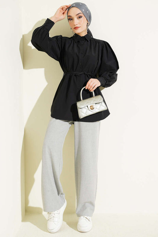 Balloon Sleeve Tunic with String Detail Black