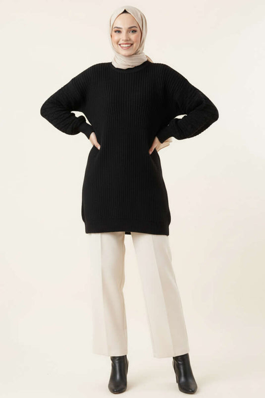 Balloon Sleeve Embossed Knit Tunic Black