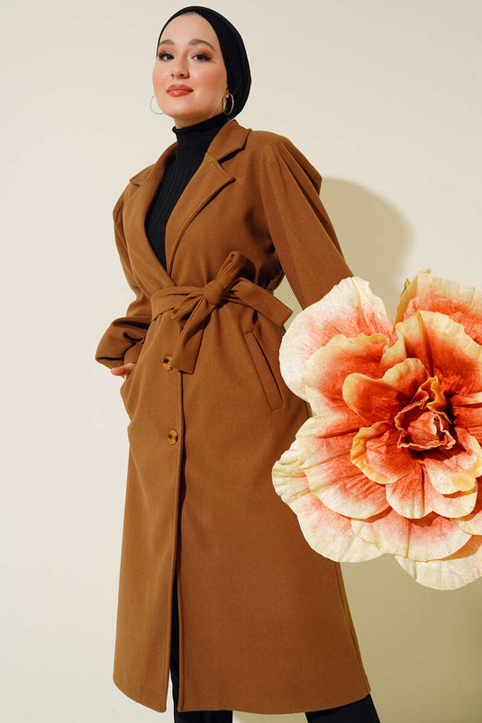 Balon Kol Kaşe Düğmeli Kaban Camel