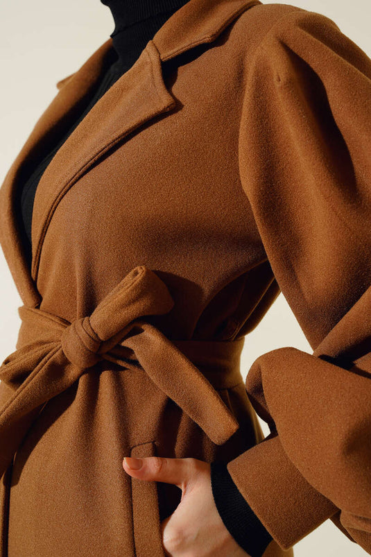 Balon Kol Kaşe Düğmeli Kaban Camel