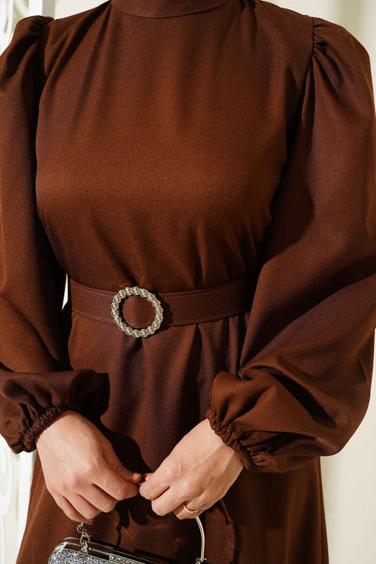 Balon Kol Kemerli Kloş Elbise Kahve