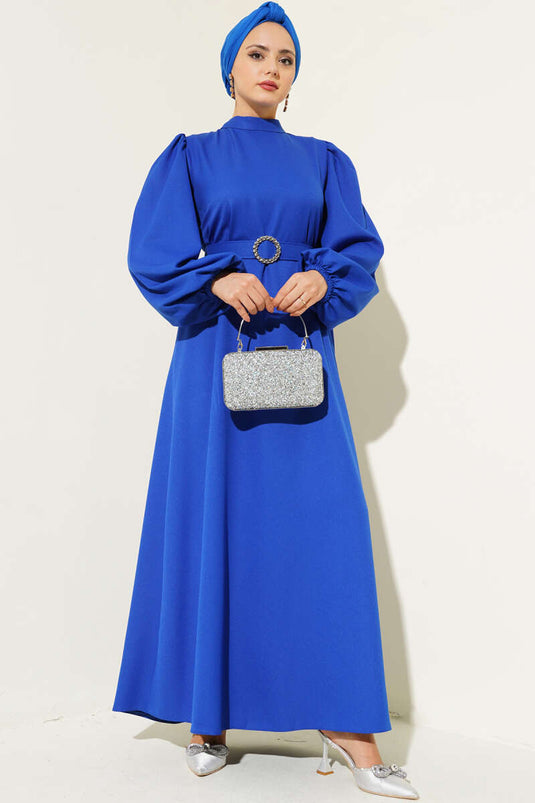 Balon Kol Kemerli Kloş Elbise Saks