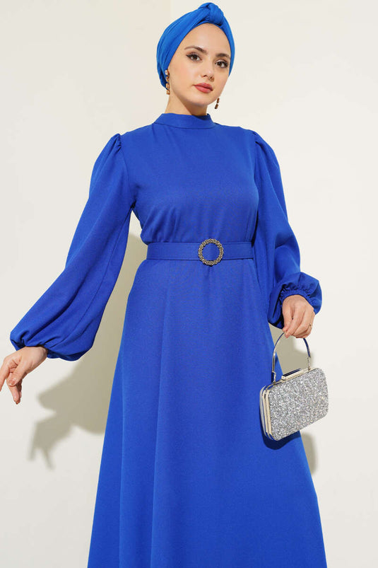 Balon Kol Kemerli Kloş Elbise Saks