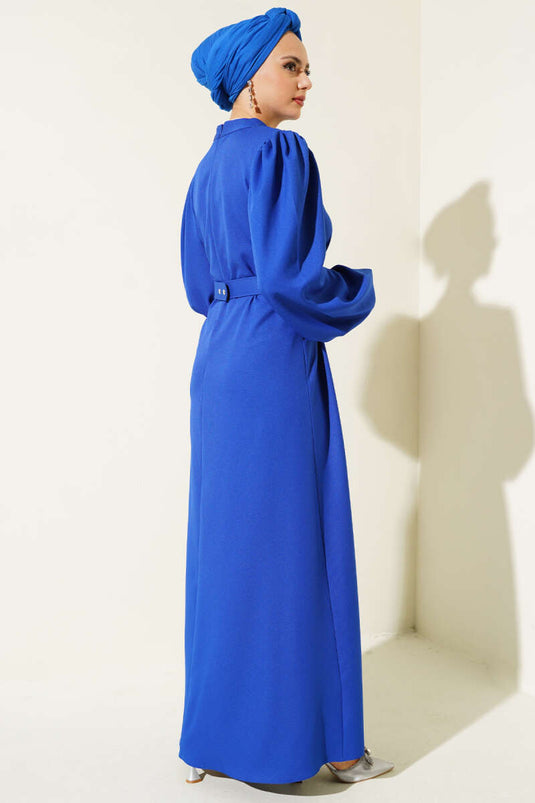 Balon Kol Kemerli Kloş Elbise Saks