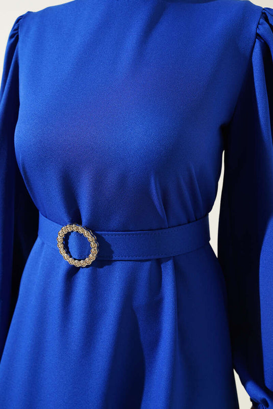 Balon Kol Kemerli Kloş Elbise Saks