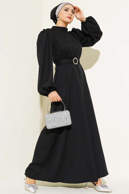 Balon Kol Kemerli Kloş Elbise Siyah