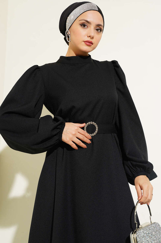 Balon Kol Kemerli Kloş Elbise Siyah