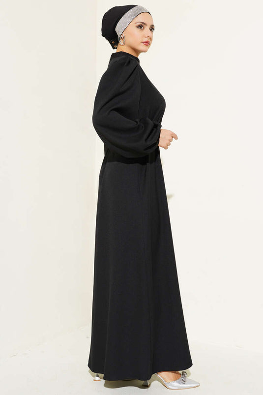 Balon Kol Kemerli Kloş Elbise Siyah