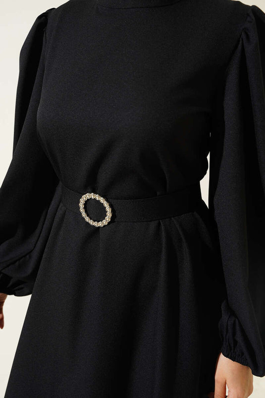 Balon Kol Kemerli Kloş Elbise Siyah