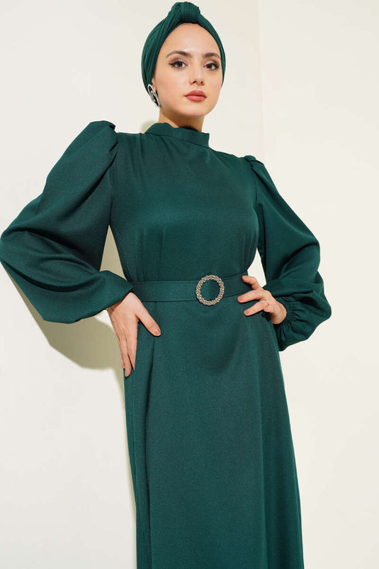 Balon Kol Kemerli Kloş Elbise Zümrüt