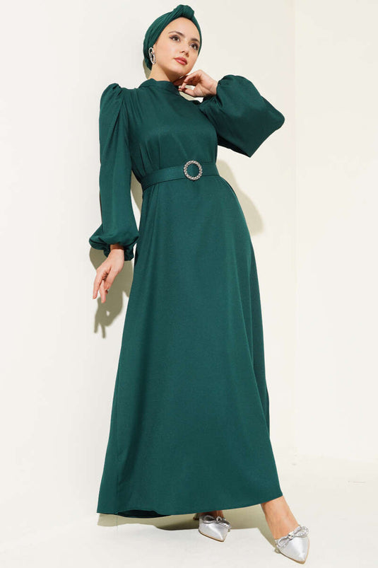 Balon Kol Kemerli Kloş Elbise Zümrüt