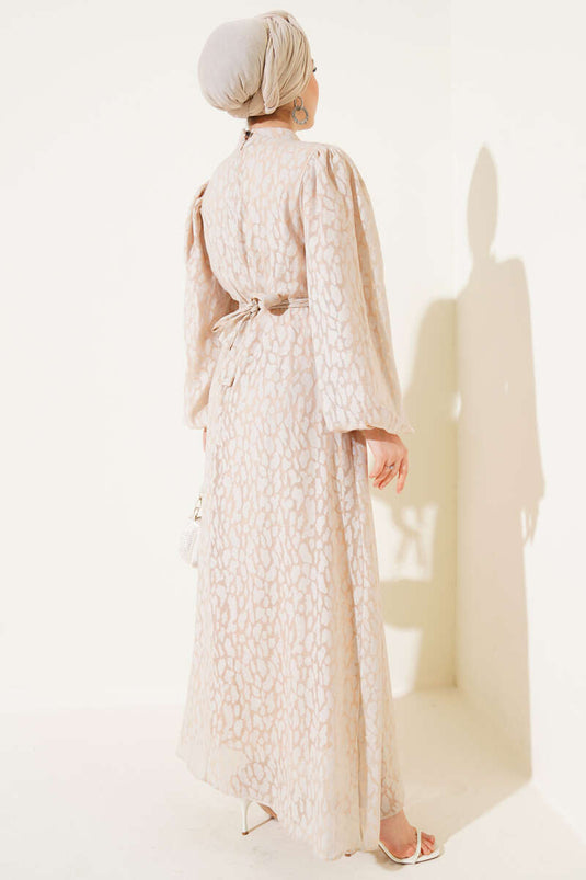 Balon Kol Kendinden Desenli Elbise Bej