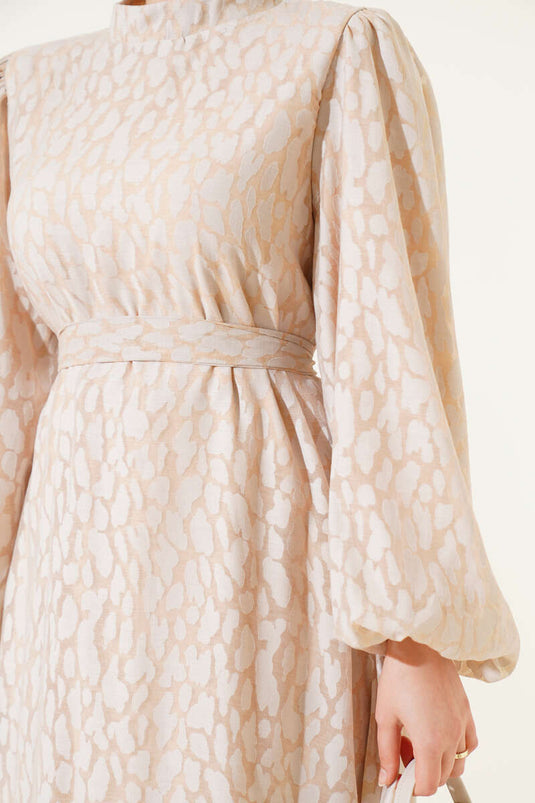 Balon Kol Kendinden Desenli Elbise Bej