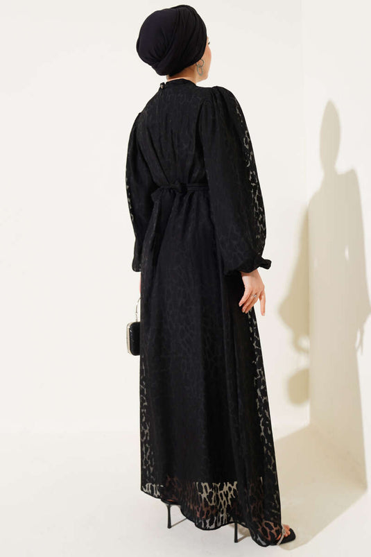 Balon Kol Kendinden Desenli Elbise Siyah