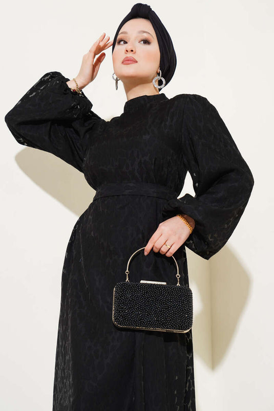 Balon Kol Kendinden Desenli Elbise Siyah