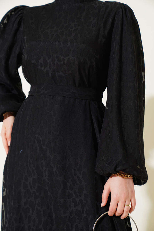 Balon Kol Kendinden Desenli Elbise Siyah