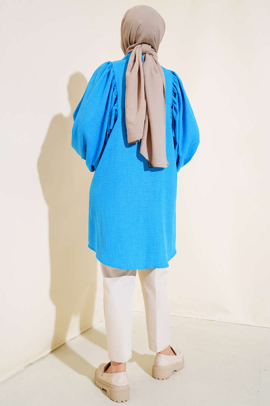 Balon Kol Keten Gömlek Mavi