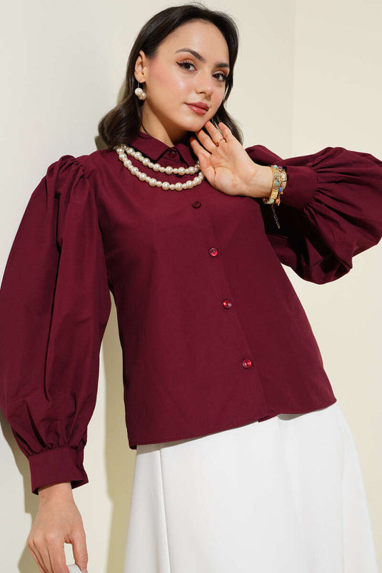 Balloon Sleeve Short Shirt Burgundy