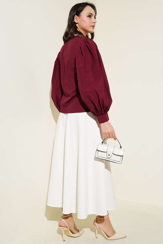 Balon Kol Kısa Gömlek Bordo