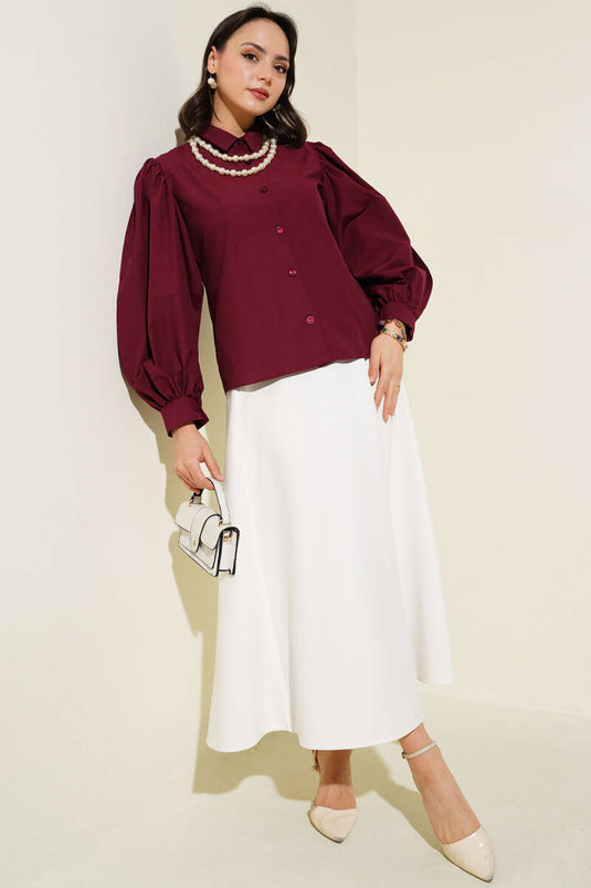 Balon Kol Kısa Gömlek Bordo