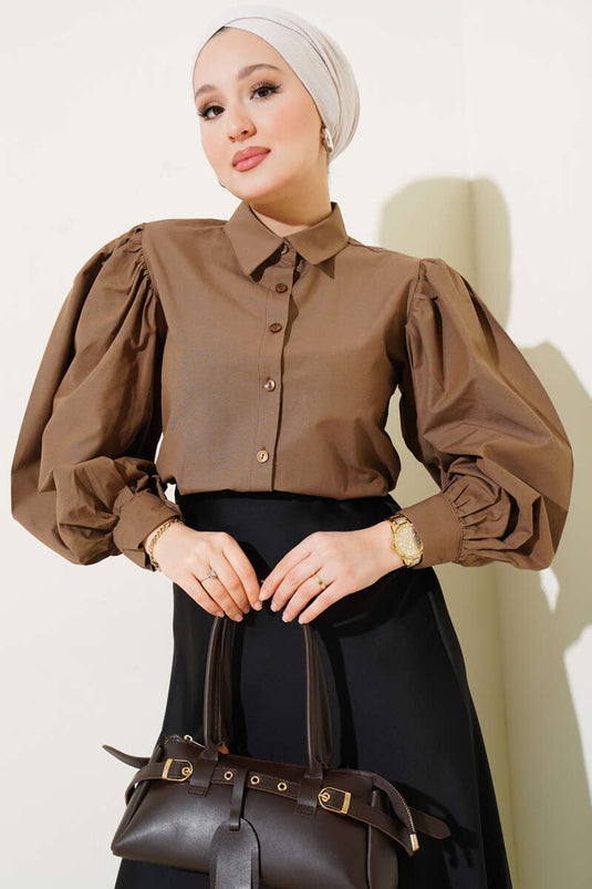 قميص قصير بأكمام منفوخة بني