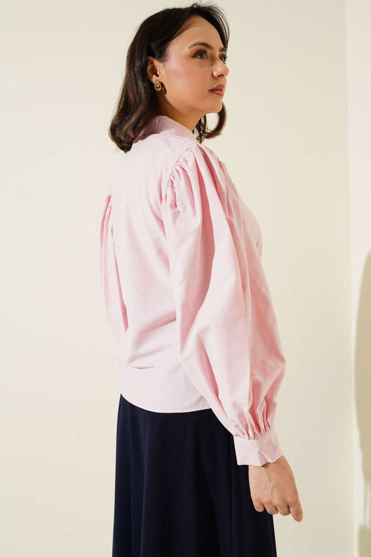 Balloon Sleeve Short Shirt Pink