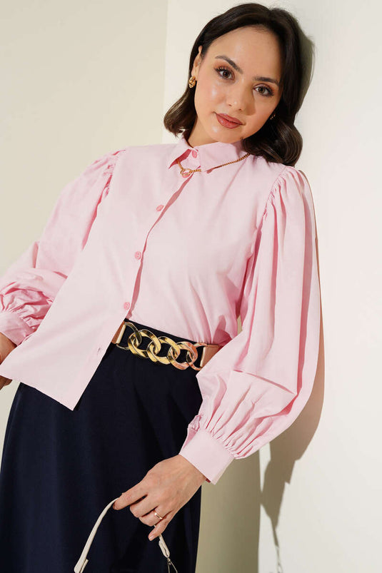 Balloon Sleeve Short Shirt Pink