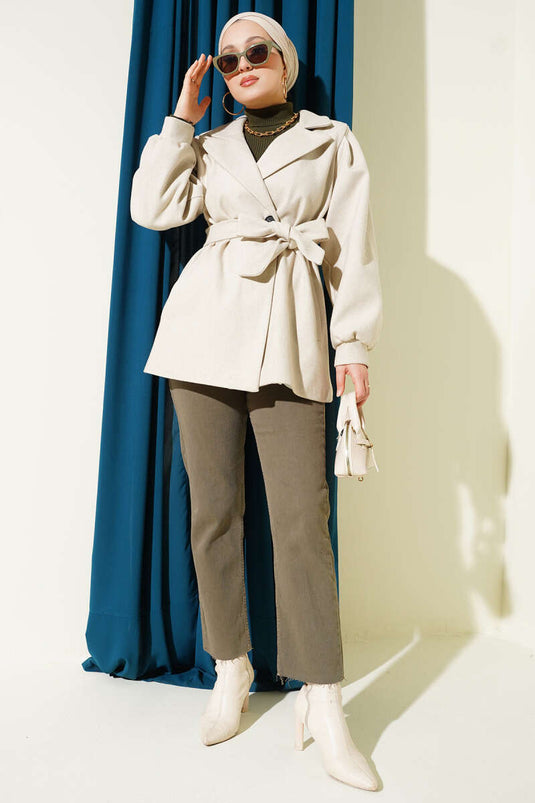 Balloon Sleeve Short Cashmere Coat Beige