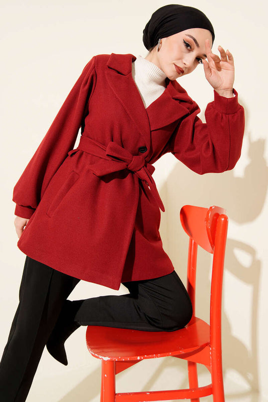Balloon Sleeve Short Wool Coat Burgundy