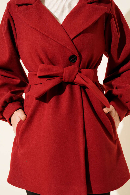 Balloon Sleeve Short Wool Coat Burgundy