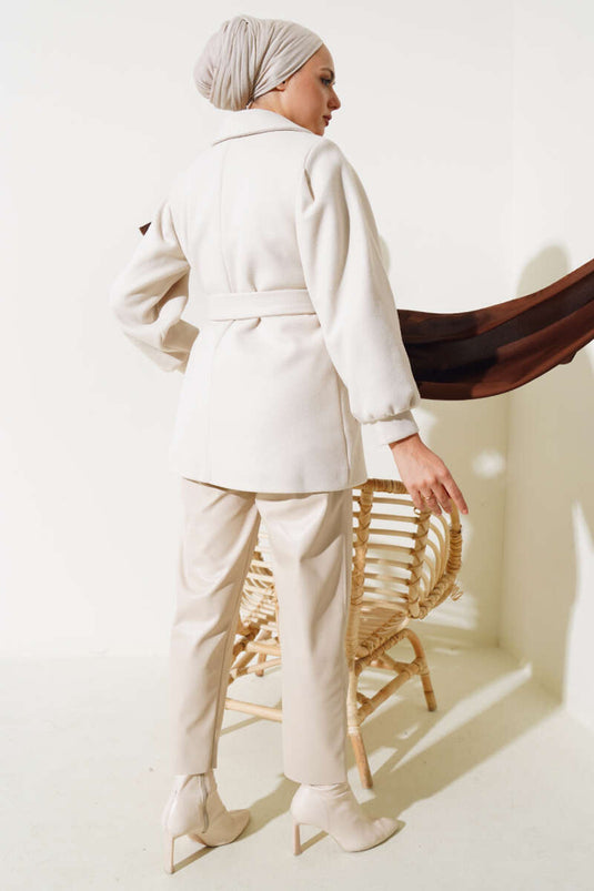 Balon Kol Kısa Kaşe Kaban Ekru