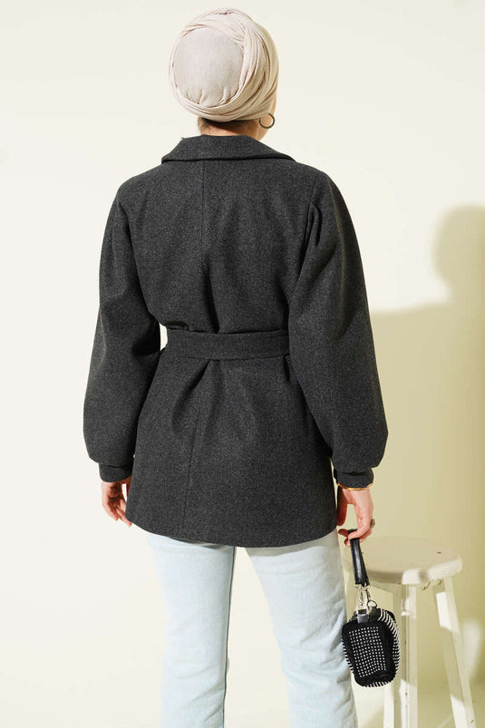 Balloon Sleeve Short Cashmere Coat, Smoke Grey