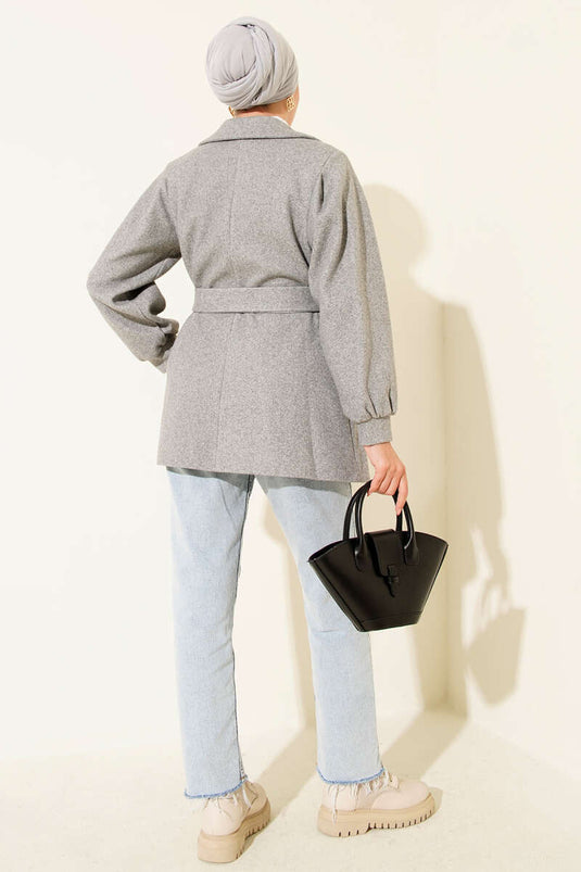 Balloon Sleeve Short Tweed Overcoat Gray