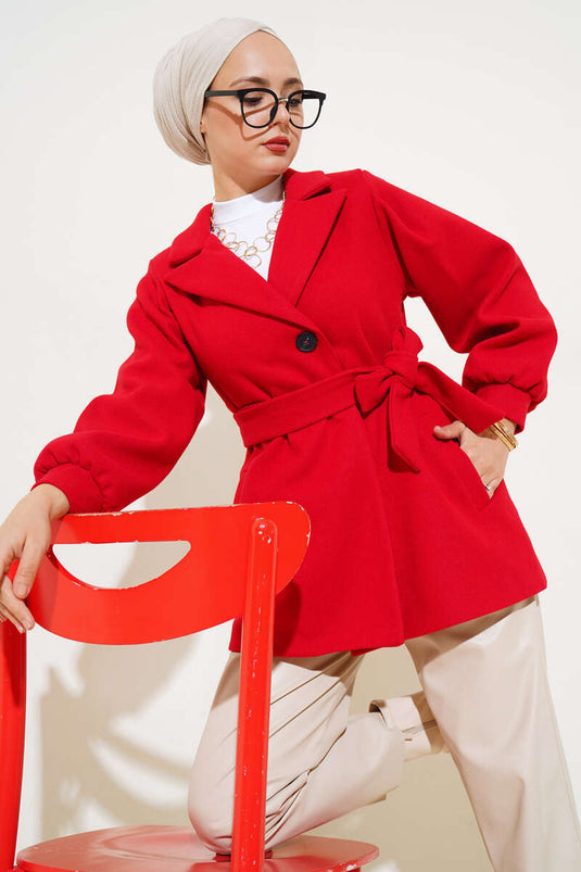 Balloon Sleeve Short Wool Coat Red