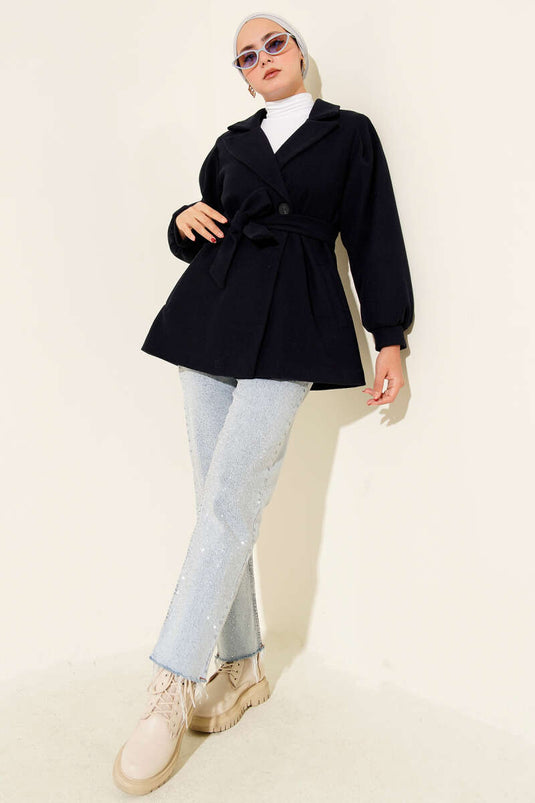 Navy Blue Short Tweed Coat with Balloon Sleeves