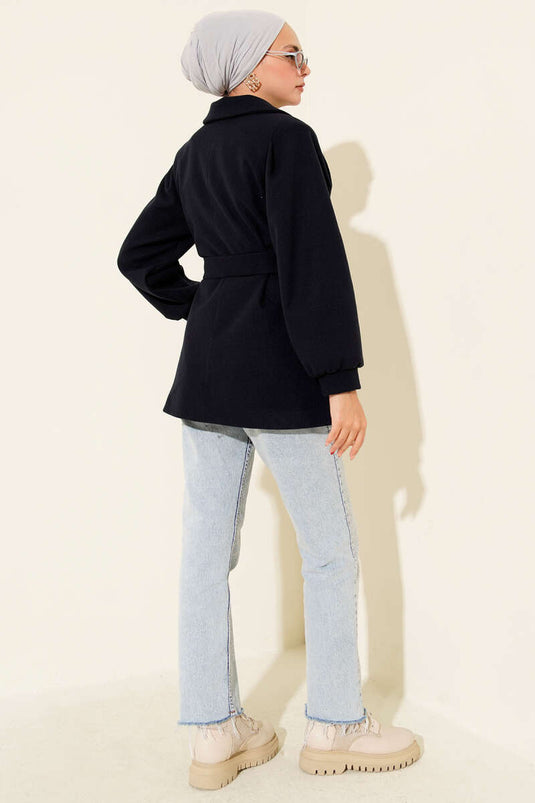 Navy Blue Short Tweed Coat with Balloon Sleeves