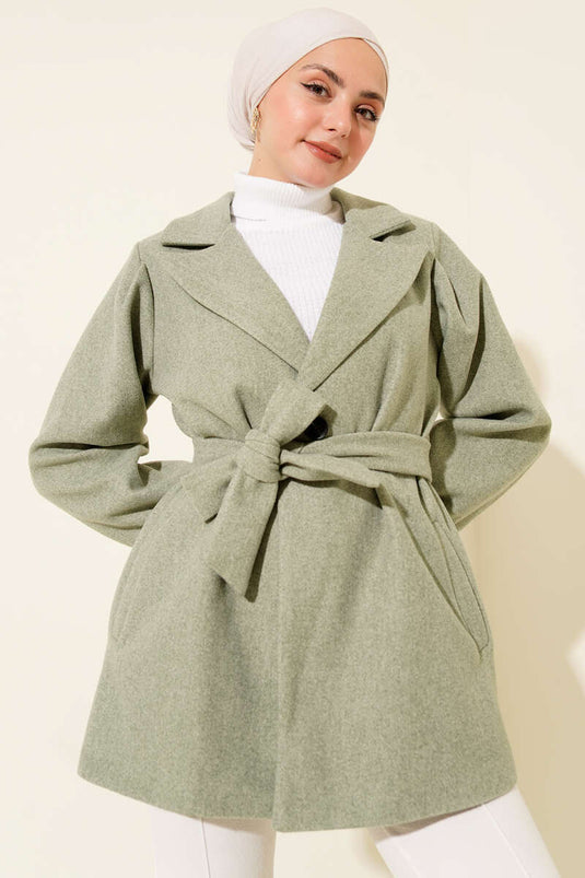 Balloon Sleeve Short Kaşe Overcoat in Water Green