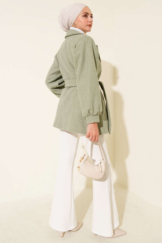 Balloon Sleeve Short Kaşe Overcoat in Water Green