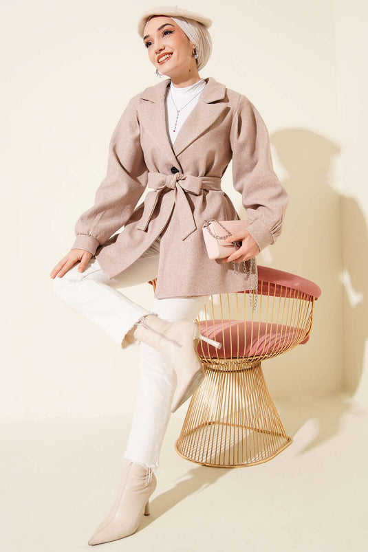 Balloon Sleeve Short Cashmere Coat, Mink