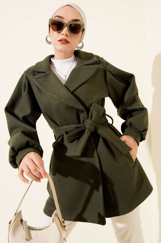 Balloon Sleeve Short Woolen Coat Green