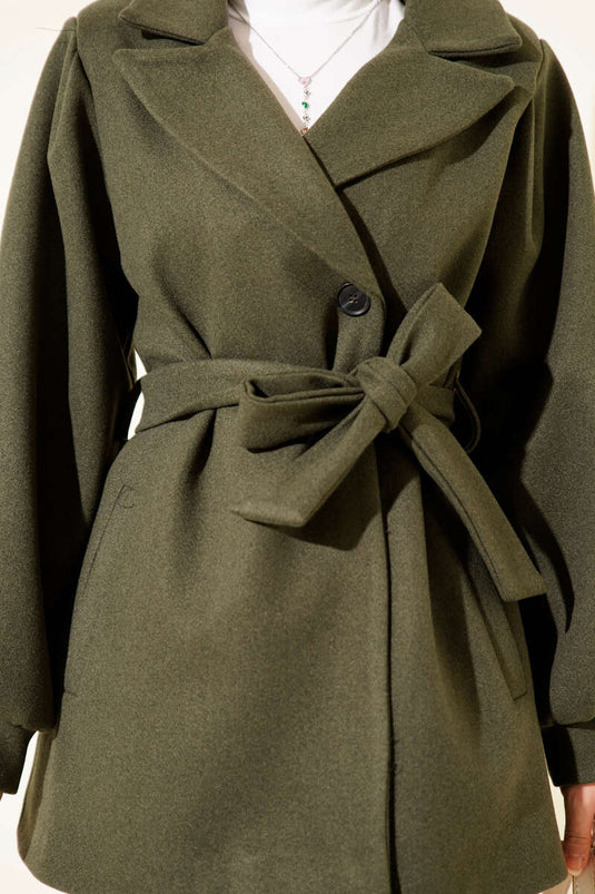 Balloon Sleeve Short Woolen Coat Green