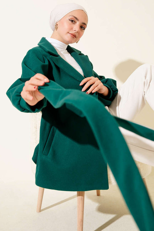 Emerald Short Tweed Coat with Balloon Sleeves
