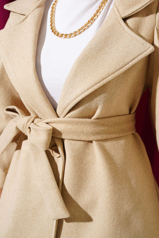 Puff Sleeve Belted Lined Wool Coat Latte