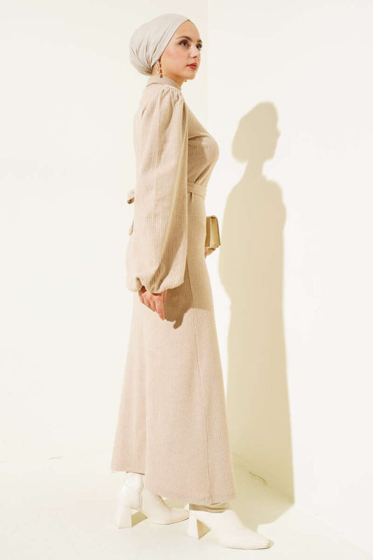 Balon Kol Kuşaklı Fitilli Elbise Bej